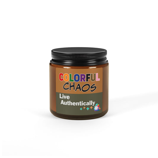 GLIMMA™ “Live Authentically” Colorful Chaos Scented Soy Candle – Amber Jar