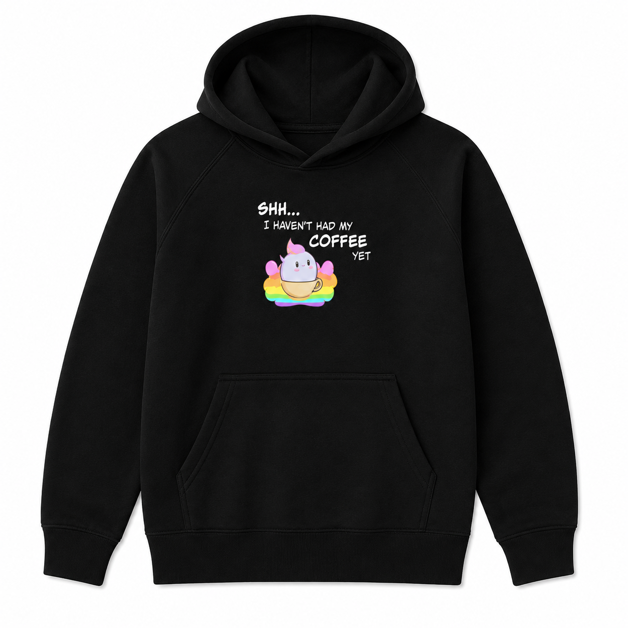 FLECK™ “Shhh I Haven’t Had My Coffee Yet” Rainbow Puff Premium Eco Hoodie for Kids (Ages 6–12)