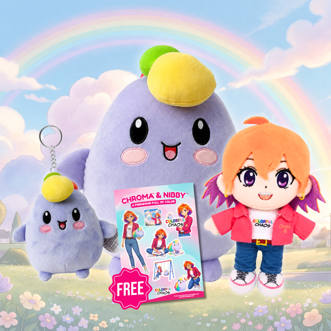 All three plushies piled together with the free sticker sheet