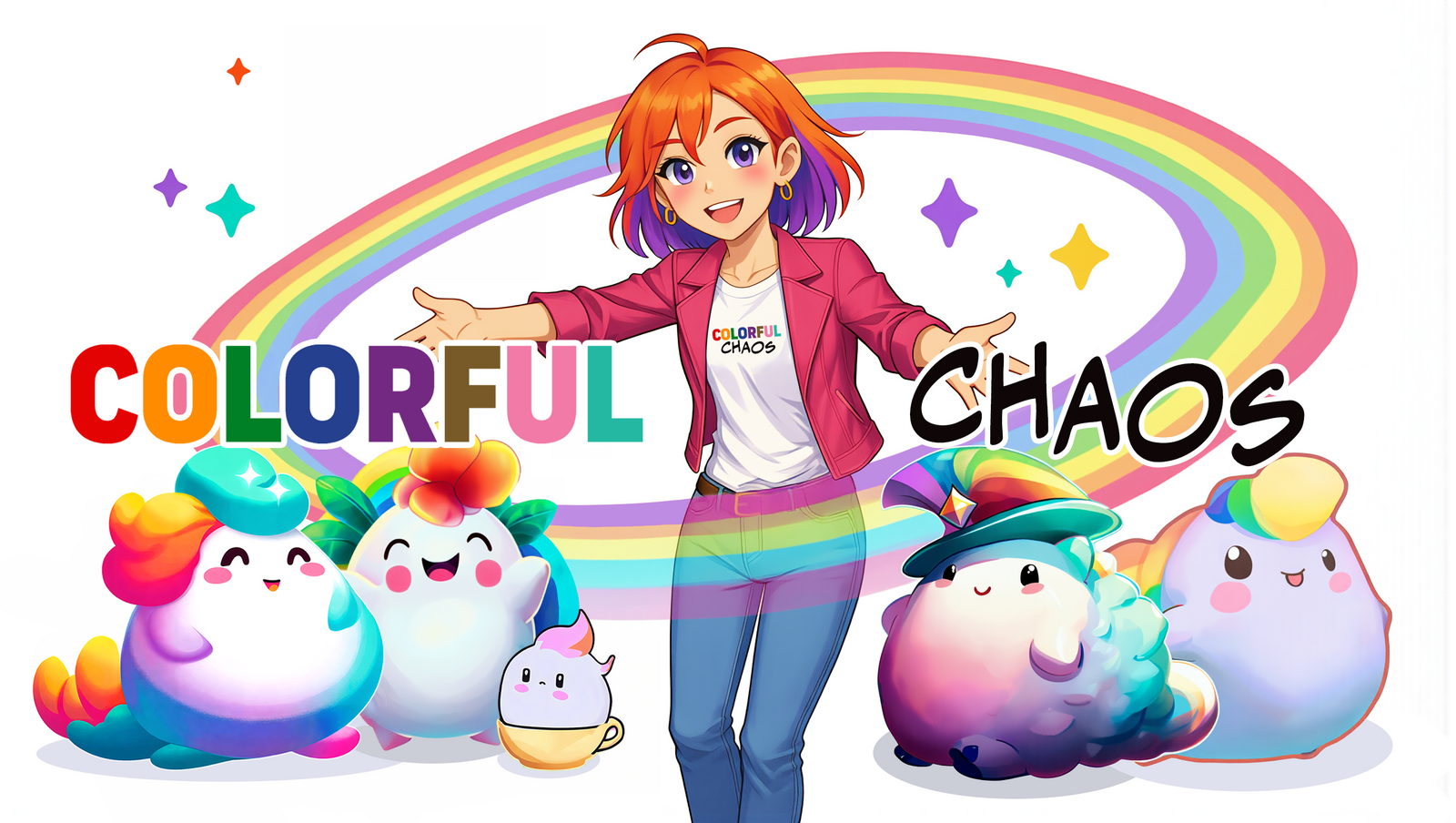 Colorful Chaos characters — Chroma, Nibby and the Rainbow Puffs
