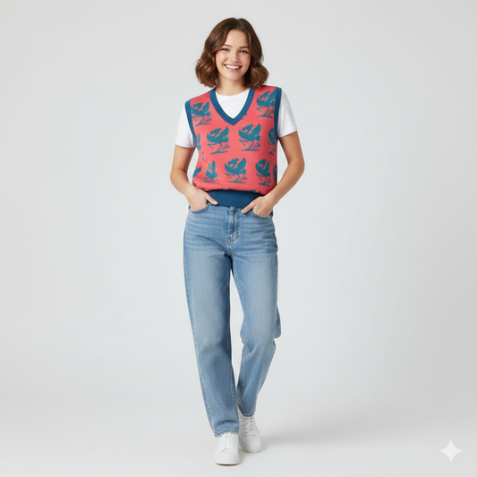 FRANNY™ “Dancing Flamingo” Knit in Pink & Cyan V-Neck Vest