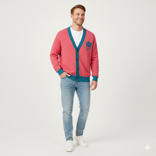 FRANNY™ “Dancing Flamingo” Left Chest Pink & Cyan Knitted Cardigan