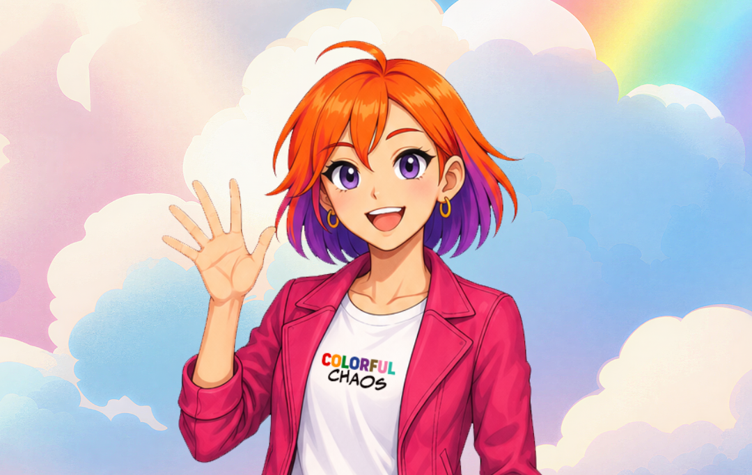 Chroma, the creative hero, waving with a paintbrush